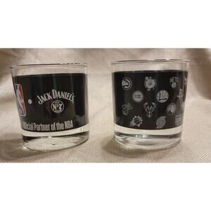 Jack Daniels NBA Rocks Glasses (2) Whisky Cup Black Old No 7 Brand w/ NBA Logos